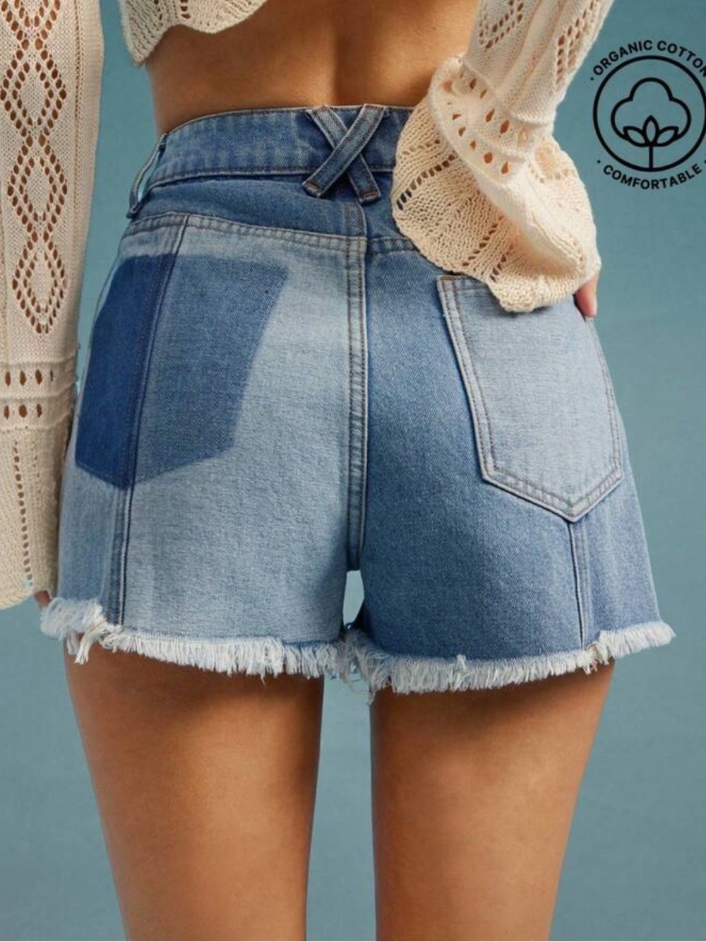 West Fade Denim Two Tone Color Block Frayed Denim Shorts | Size Large